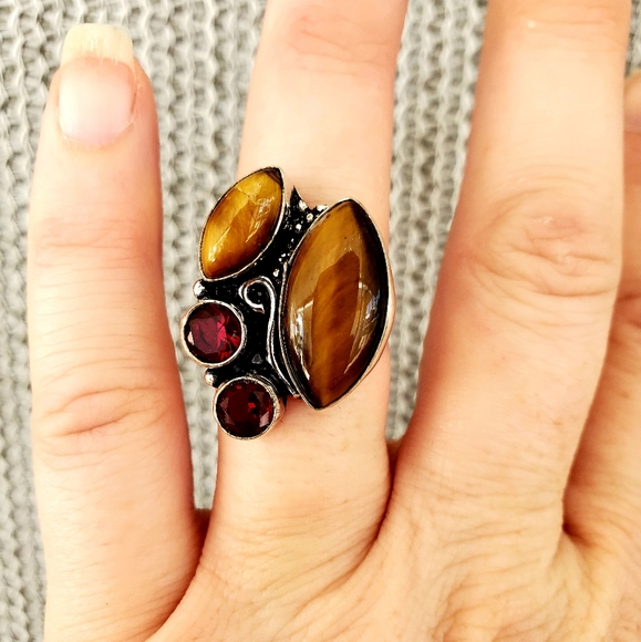 New Beautiful Tiger Eye & Garnet 925 Silver Ring. - Picture 5 of 8